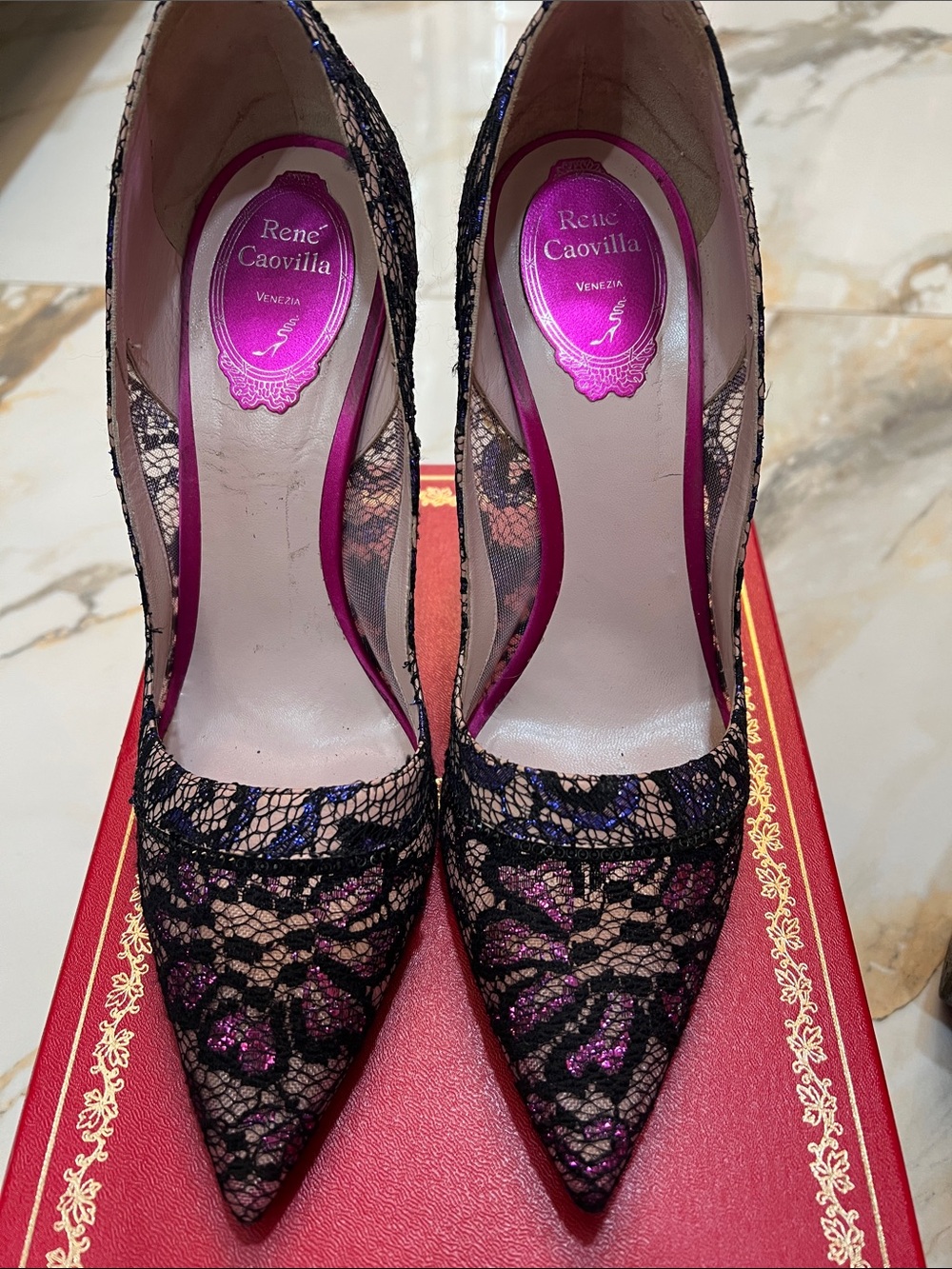 Rene Caovilla Black Lace Pointed Pumps with Pink Accents